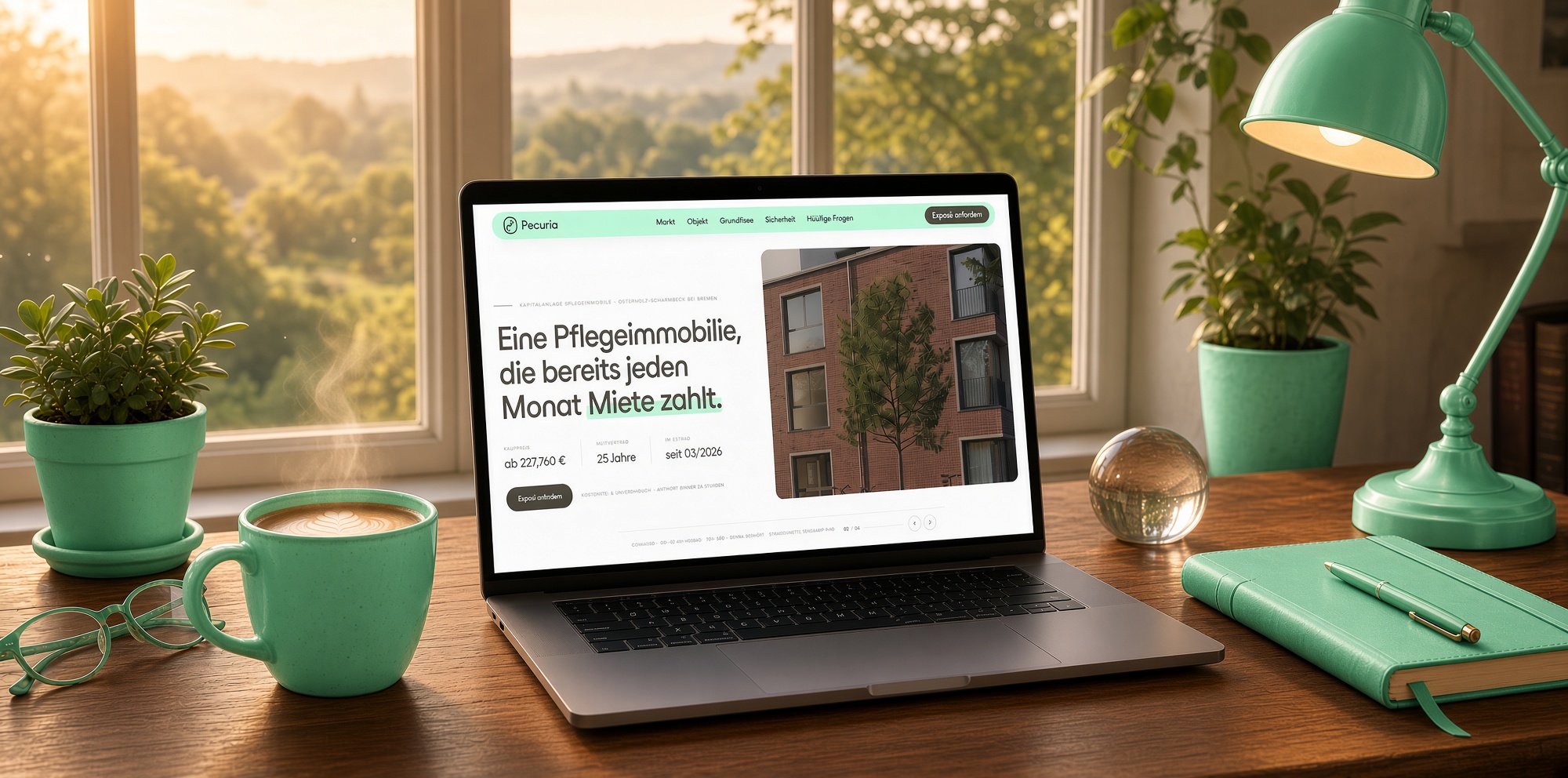 Projekt Pecuria: Landingpage für Kapitalanlageimmobilien auf einem Laptop am Fenster, Schreibtisch in Grün gehalten