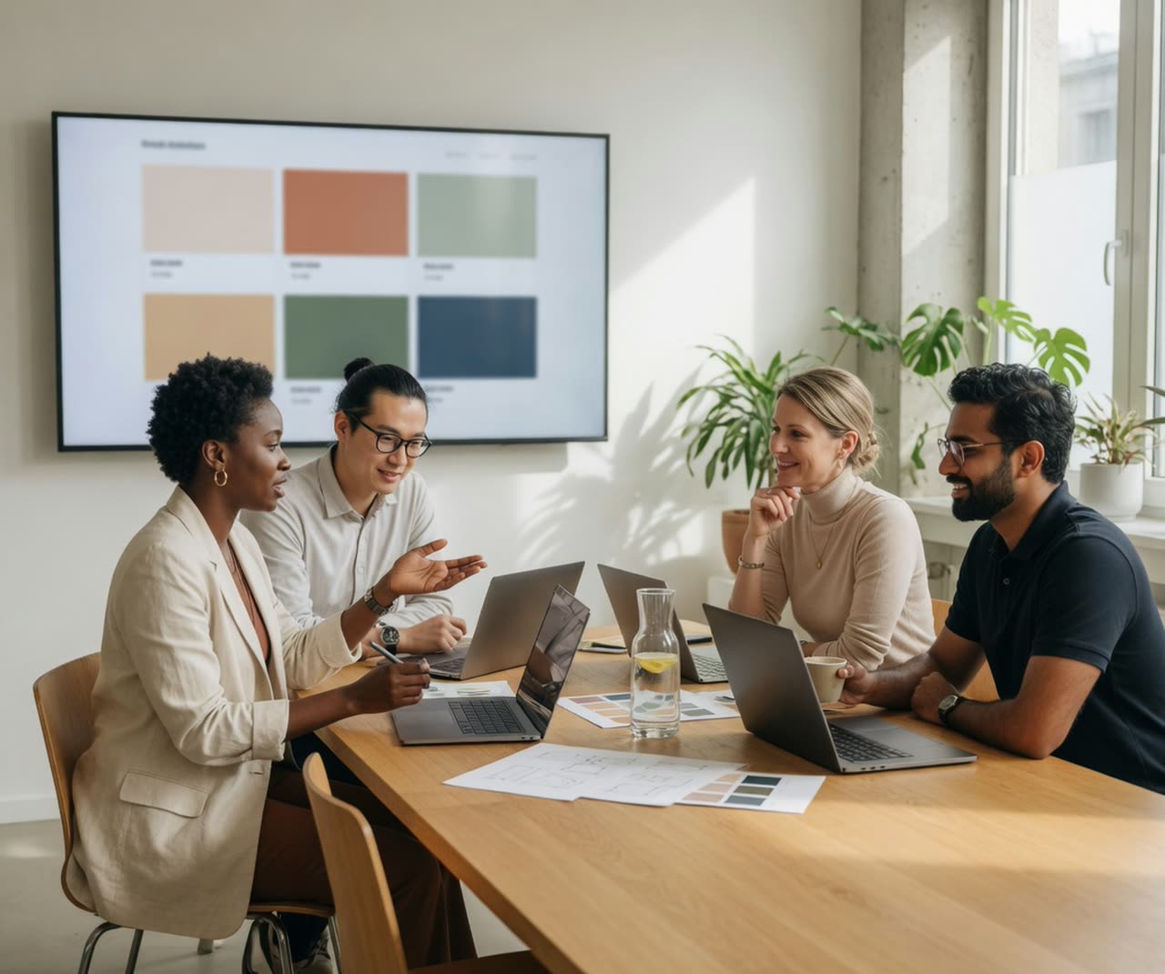 Vierköpfiges Team bespricht ein Website-Farbkonzept am Tisch im hellen Büro