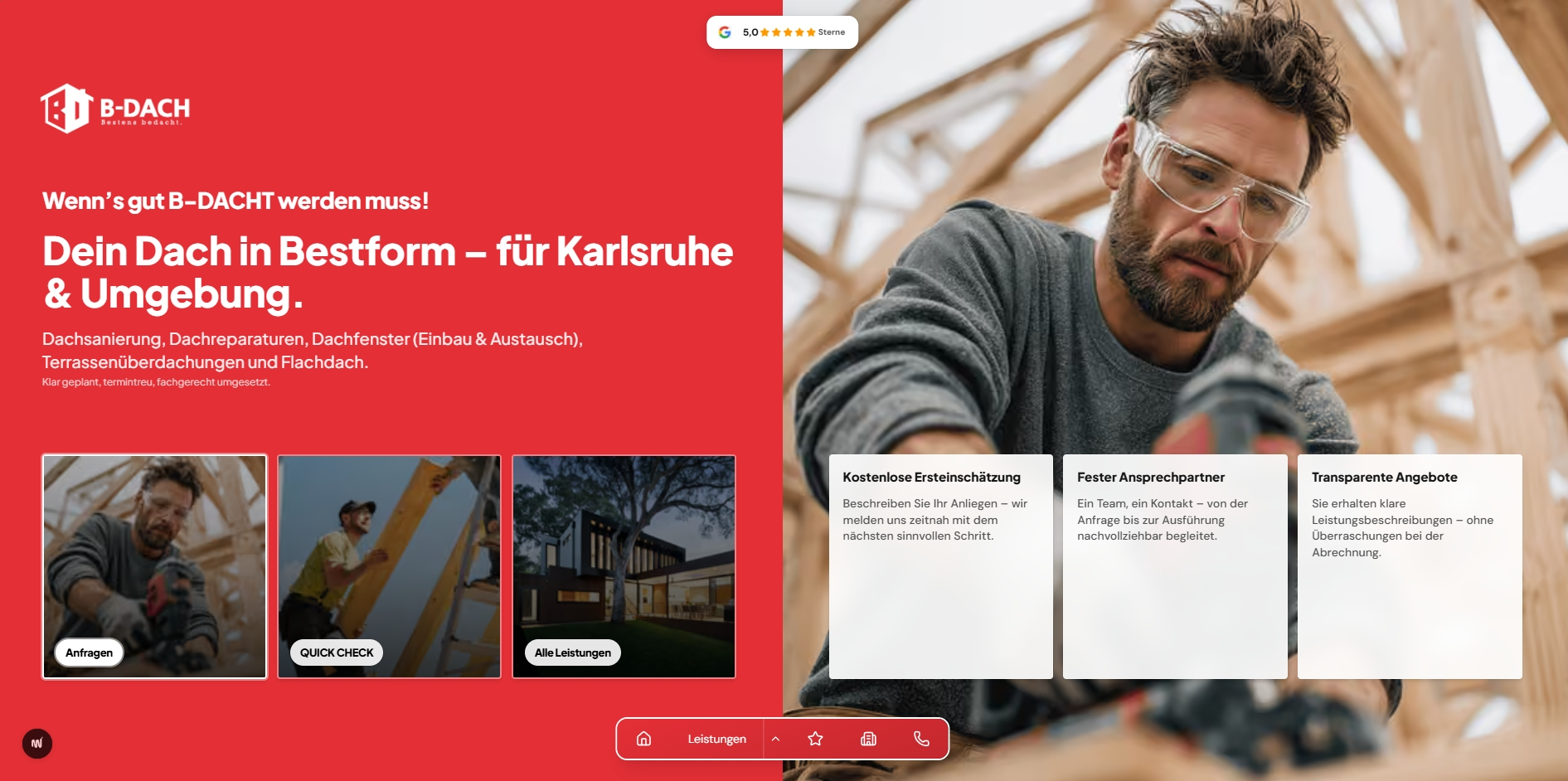 B-DACH: Startseite des Dachdecker-Betriebs mit Slogan „Dein Dach in Bestform – für Karlsruhe & Umgebung“
