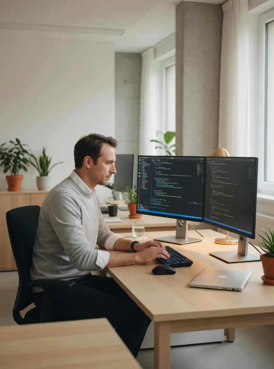 Entwickler konzentriert bei der technischen SEO-Analyse im hellen Büro