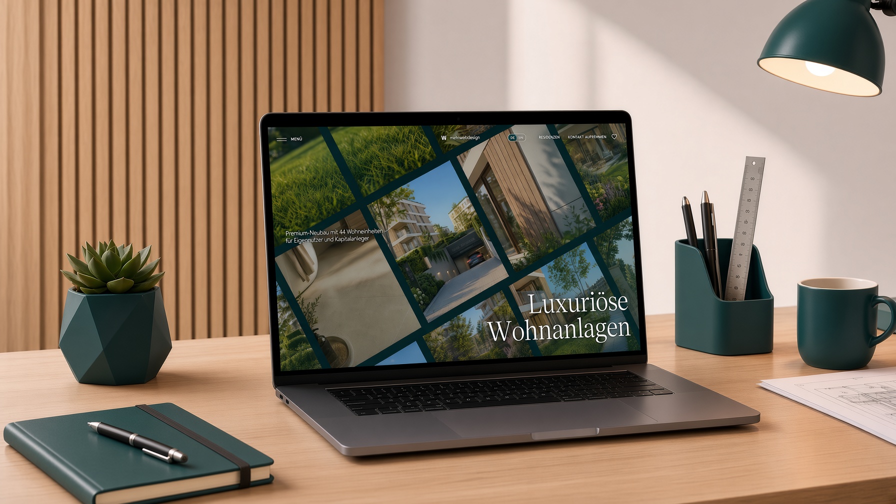 Projekt Wüstenrot: Website des Wohnkomplexes auf einem Laptop, daneben Notizbuch, Stifte und Lampe in Dunkelgrün