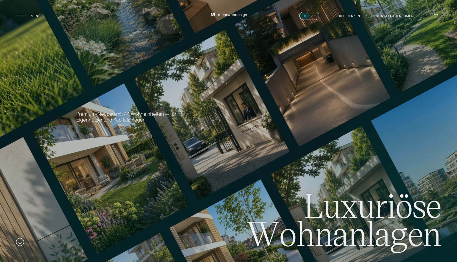 mehrlenstein: Immobilien-Premium-Website mit cinematic Bildraster und Titel „Luxuriöse Wohnanlagen“